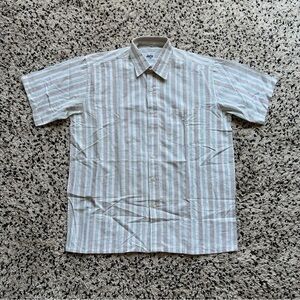 Apco Handloom Shirt Short Sleeve Button Up White Green Brown Stripe Size 44